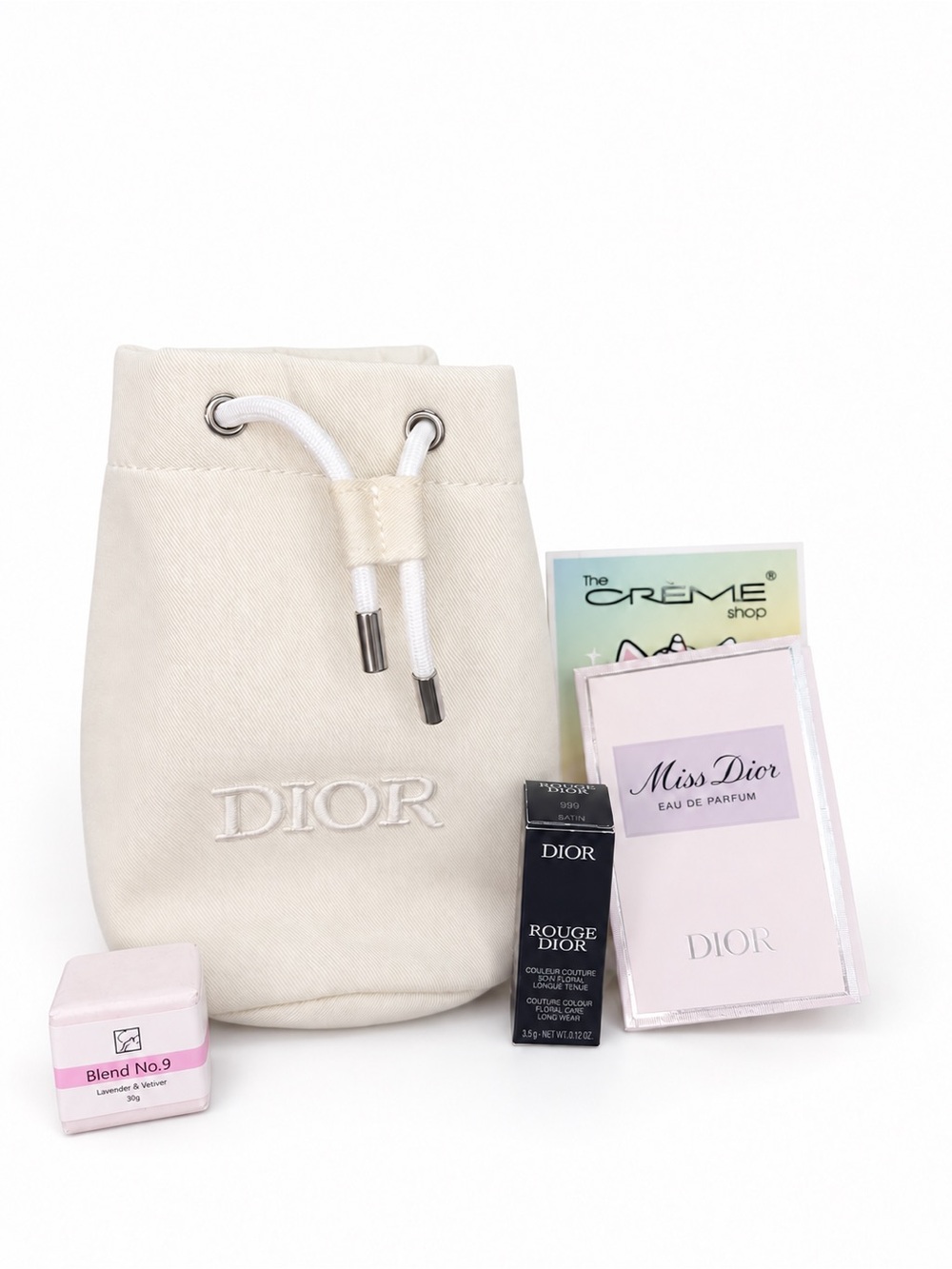 Dior Cream Canvas Drawstring Pouch with Beauty items